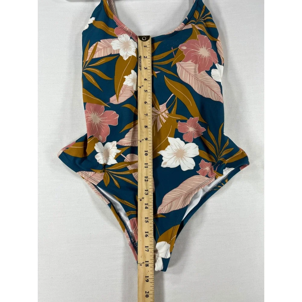 Kona Sol Womens Small Teal Tropical Floral Lace Up Back One Piece Swimsuit